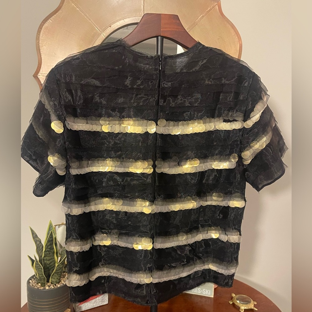 Frances Valentine Laine Black & Gold Textured Mesh Sequin Top NYE Night Out - Picture 7 of 17
